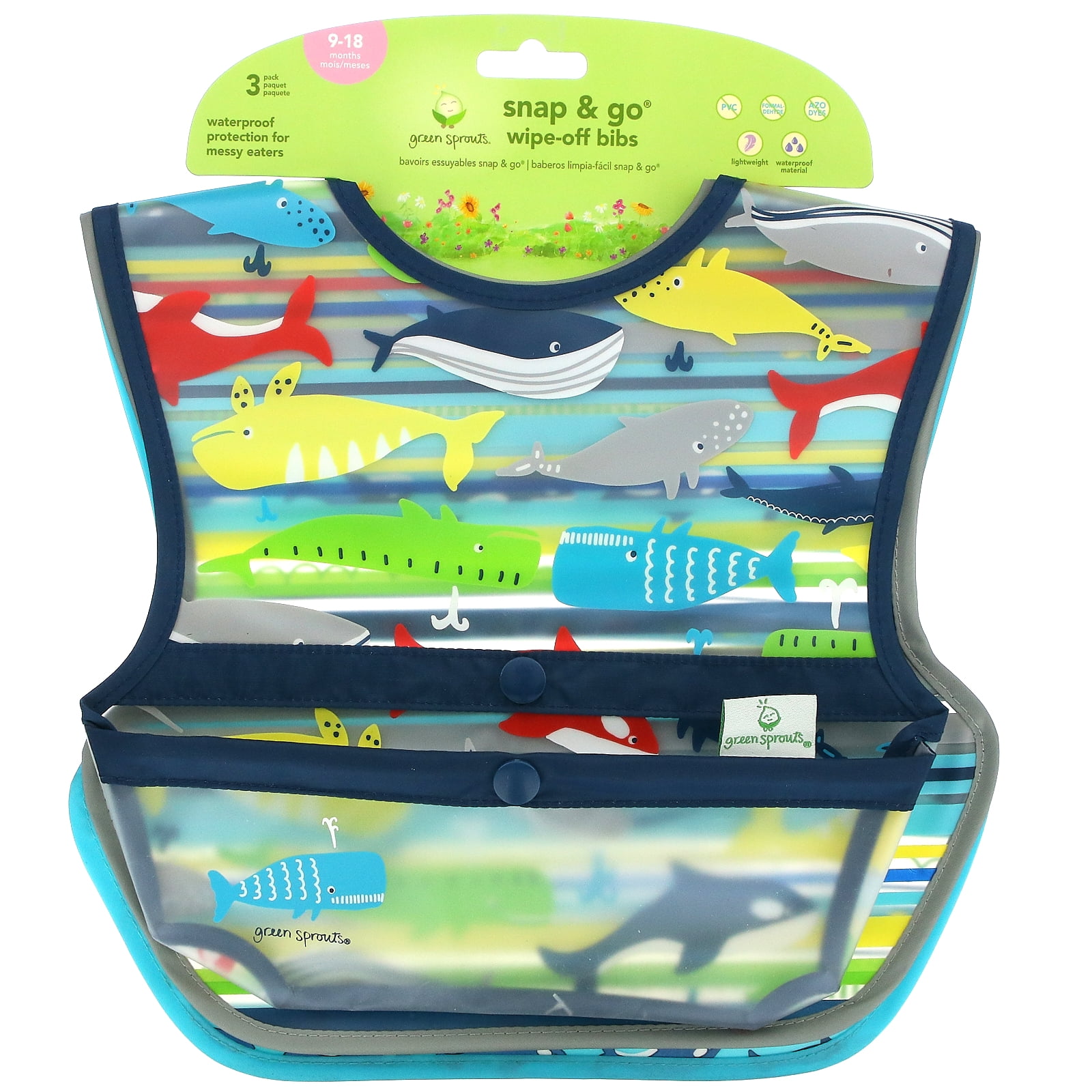 GREEN SPROUTS Snap & Go Wipe-off Bibs (3ct) Blue Whales Set 9/18mo 3 CT