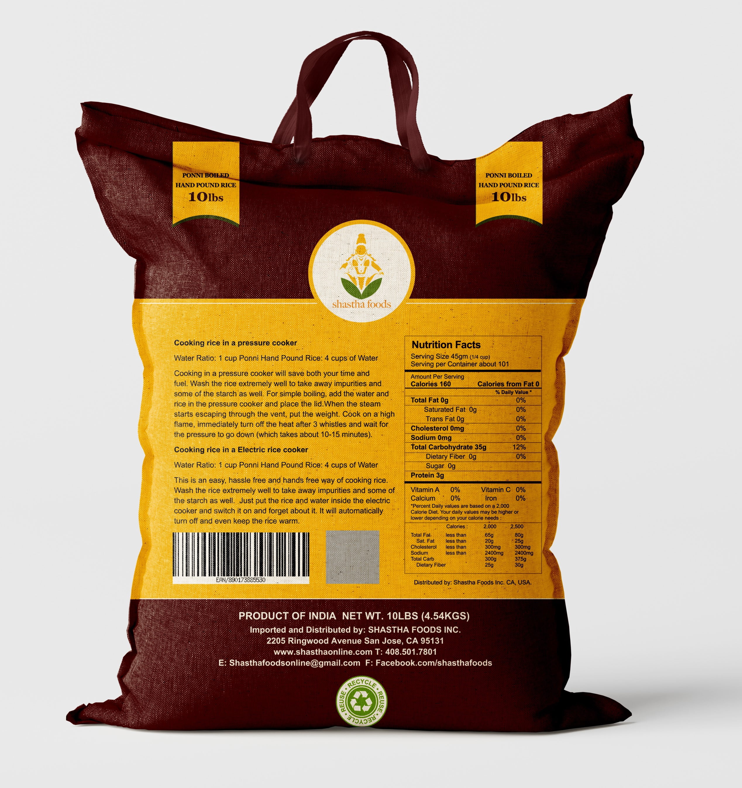 Shastha Foods Ponni Hand Pound Boiled Rice 10lbs, Gluten Free, 1 pack