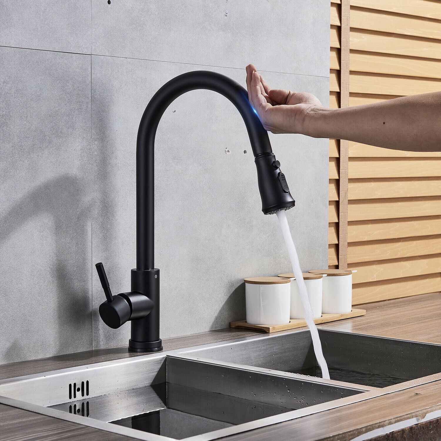 Black Sensor Touch Kitchen Sink Faucet Pull Out Sprayer Mixer Tap