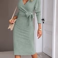 thumbnail image 4 of Vestido midi sexy de mujer con cuello en V, rayas verticales, tejido liso y lazo, 4 of 6