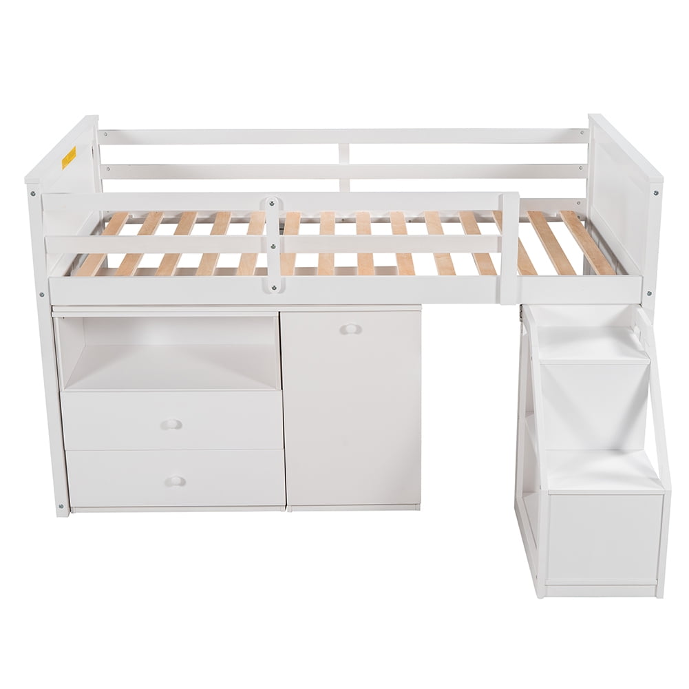 Kepooman Solid Hardwood Twin Size Loft Bed, Modern Bunk Bed With Storage Steps and Portable Desk, White Kepooman Solid Hardwood Twin Size Loft Bed, Modern Bunk Bed With Storage Steps and Portable Desk, White