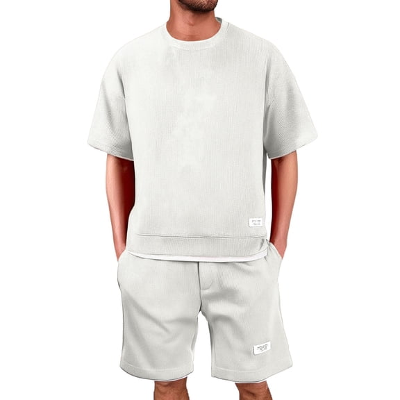 Homeyce Mens Tracksuit 2 Piece Outfits Casual Short Sleeve Crew Neck Shorts Sets and Waffle Knit Shorts Set with Pockets Fashion Summer Lounge Set,White 4XL