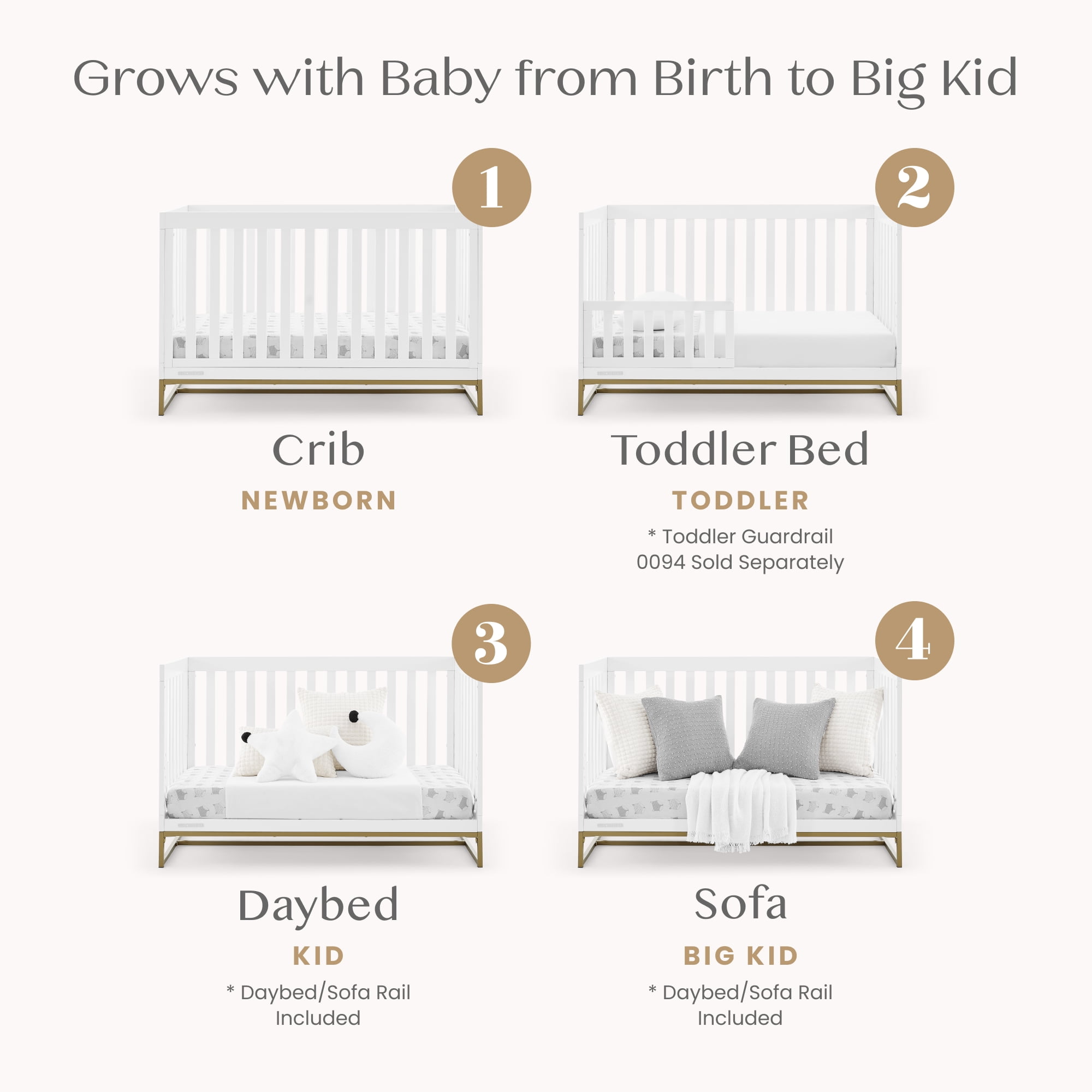 Delta Children Jade 4-in-1 Convertible Baby Crib - Greenguard Gold Certified, Bianca White/Bronze
