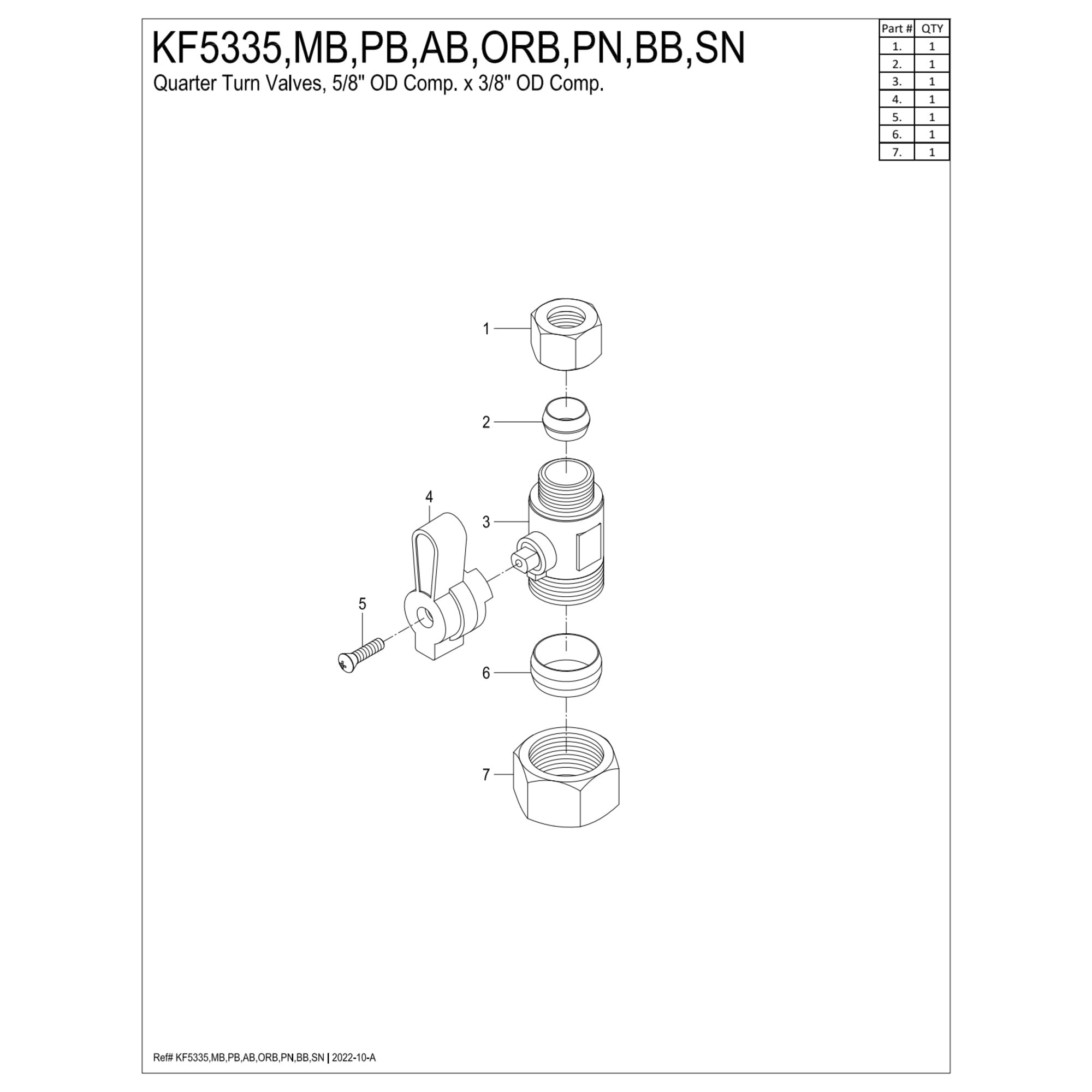 Kingston Brass KF5335PB 5/8-Inch O.D. Comp x 3/8-Inch O.D. Comp Quarter-Turn Straight Shut-Off Valve in Polished Brass