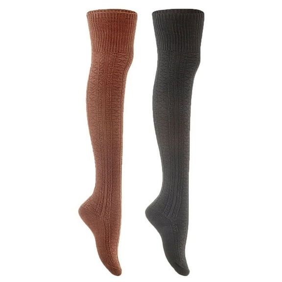 Lian Style Women's 2 Pairs Long Lasting, Colorful and Fancy Thigh High Over the Knee High Cotton Socks JMYP1025 Size 6-9 Coffee, Black