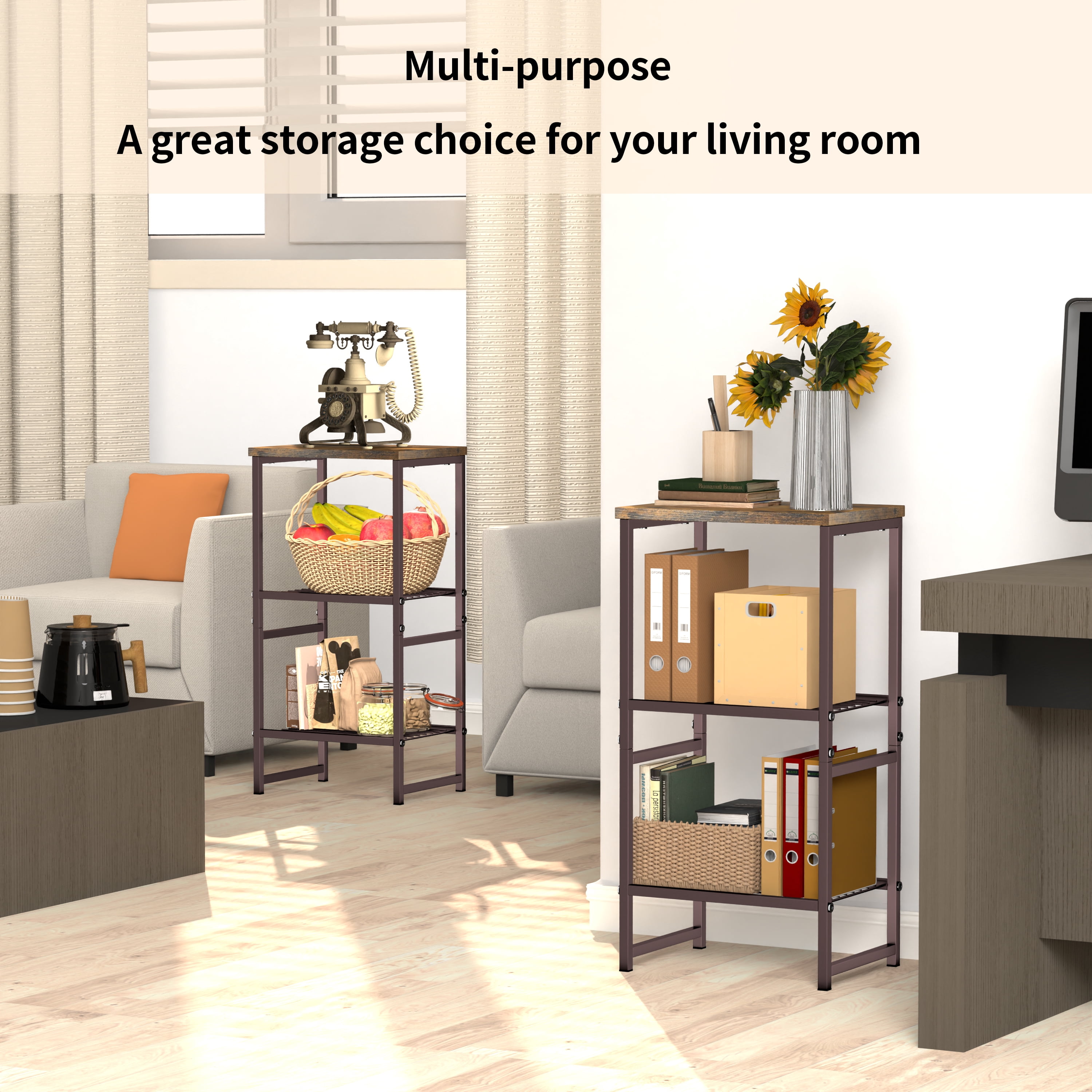 SUFAUY 3-Tier Printer Stand, Metal Shelving Unit for Under Desk with Wood Desktop, Brown