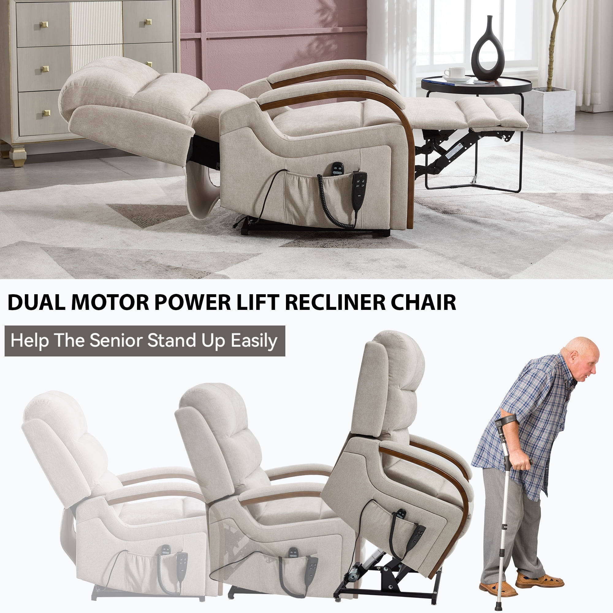 Gewnee Power Lift Recliner Chair with Heat and Massage,Lay Flat Assist Recliner with Side Pocket & Solid Wood Armrest,Lift Chair for Living Room.Beige Chenille