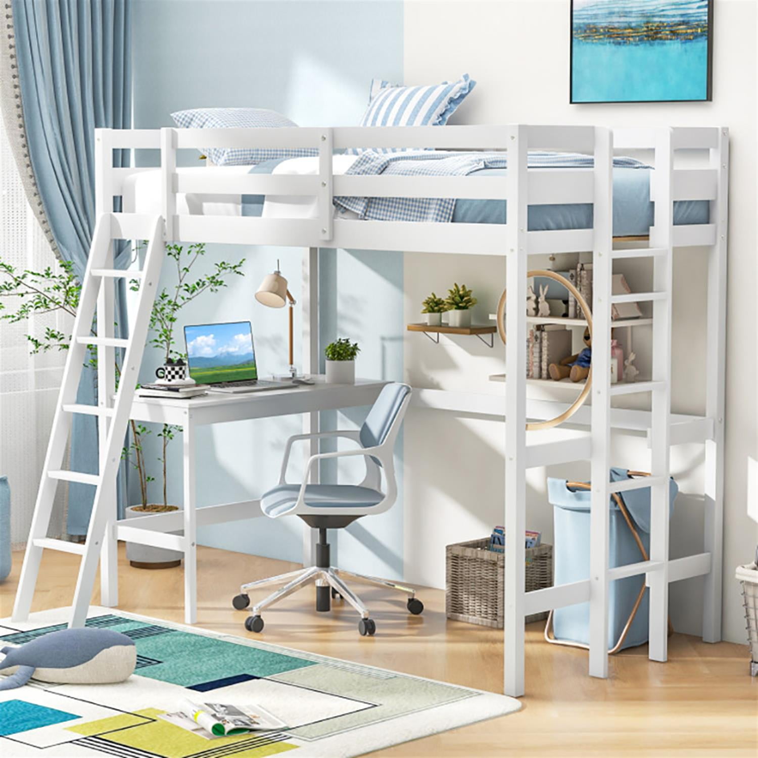 Demi Bonn Loft Bed Twin Size, Solid Wood Loft Bed with Desk Angled and Built-in Ladder, Modern Wooden Playhouse Bed Frame, White