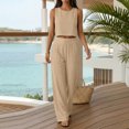 thumbnail image 5 of Linen Look Two Piece Set for Women, Sleeveless Crop Top & Wide Leg Pants with Pockets - Summer Casual Lounge Outfit Beige L, 5 of 7