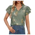 thumbnail image 1 of LUOGENLI Female T-shirts for Womens Womens Casual Chiffon Tops Summer Ruffle Short Sleeve Drawstring V Neck Leopard Print T Shirts Blouse Tee T-shirts Womens Big and Tall Valentines Green S, 1 of 6