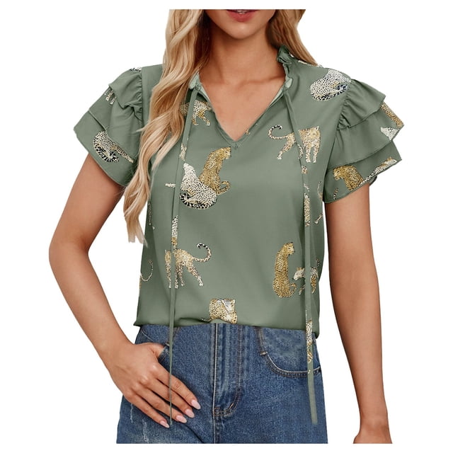 LUOGENLI Female T-shirts for Womens Womens Casual Chiffon Tops Summer Ruffle Short Sleeve Drawstring V Neck Leopard Print T Shirts Blouse Tee T-shirts Womens Big and Tall Valentines Green S