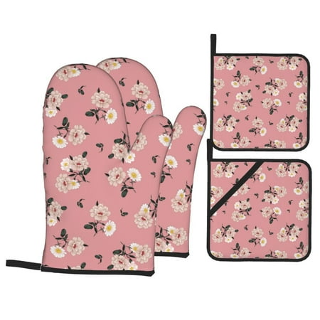 

Oven Mitts and Pot Holders 4 Piece Rose Flowers Pink High Heat Slip Resistant Oven Mitt and Trivets Set Kitchen Oven Glove Pot Holders for Cooking Baking Grilling