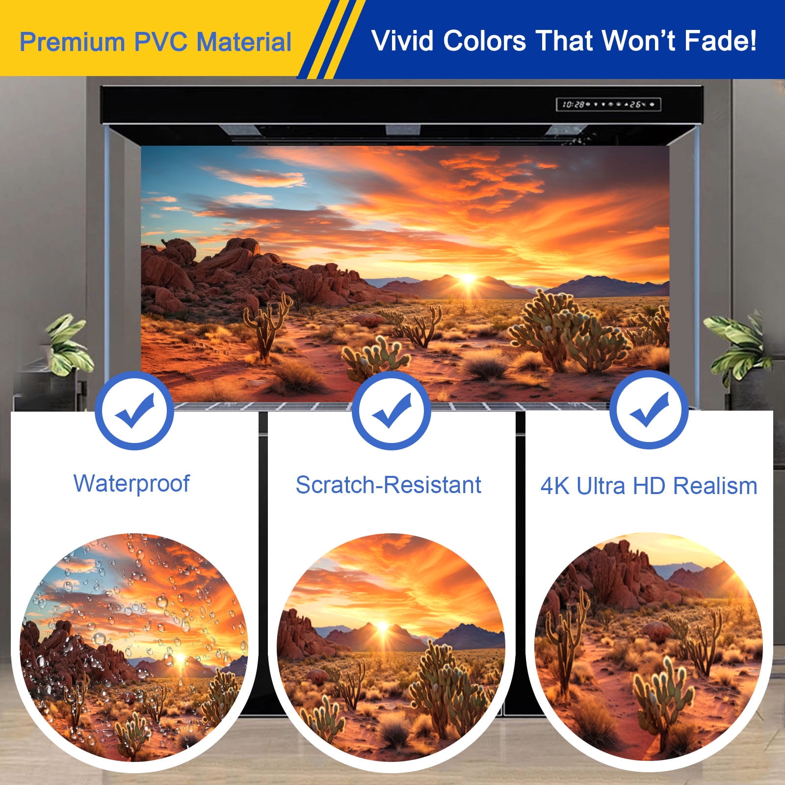 Aquarium Background & Terrarium Background – Ultra HD Static Cling, Tape-Free, Desert Sunset Design for Reptile Tank Decorations, Perfect for Bearded Dragon and Leopard Gecko Tanks 17.7 X 47.2 Inches