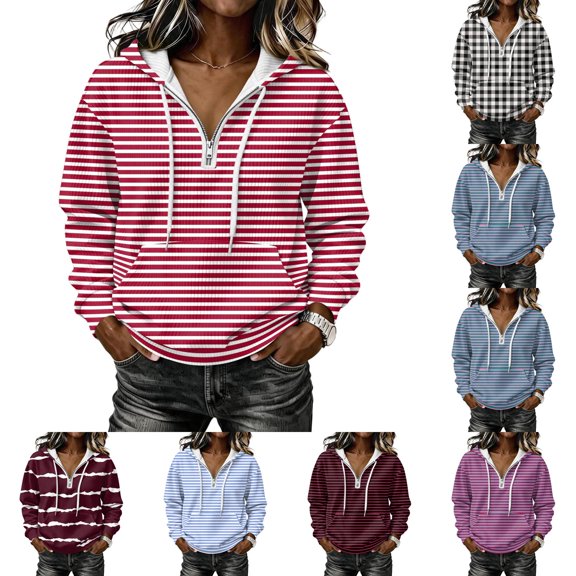 Striped Hoodie for Women Corduroy Long Sleeve Quarter Zip Drawstring Hood Kangaroo Pocket Loose Fit Pullover Sweatshirt Casual Streetwear Fall Winter