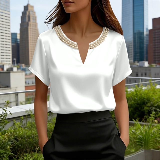 TaTaai Women's Loose Fit Summer Top Short Sleeve V-Neck Solid Color Pearl Accent Professional Office Casual Blouse Gift