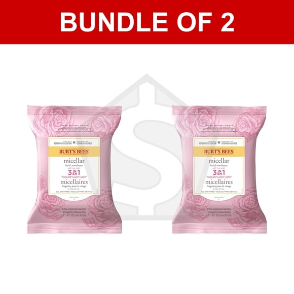 Bundle of 2 - BURT'S BEES Micellar Facial Towelettes 3 In 1 (30ct) - Rose