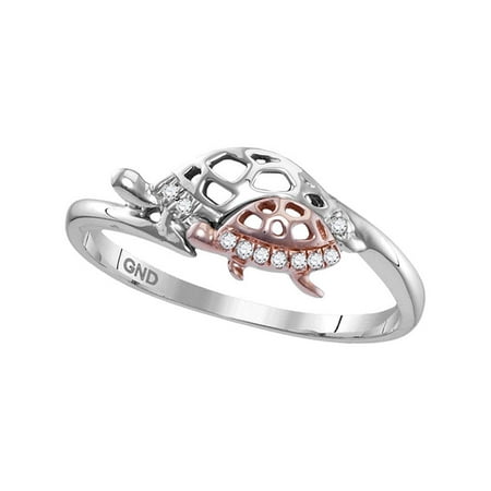 Silver Round Turtle - Sterling Silver Womens Round Diamond Rose Turtle Animal Band Ring 1/20 Cttw