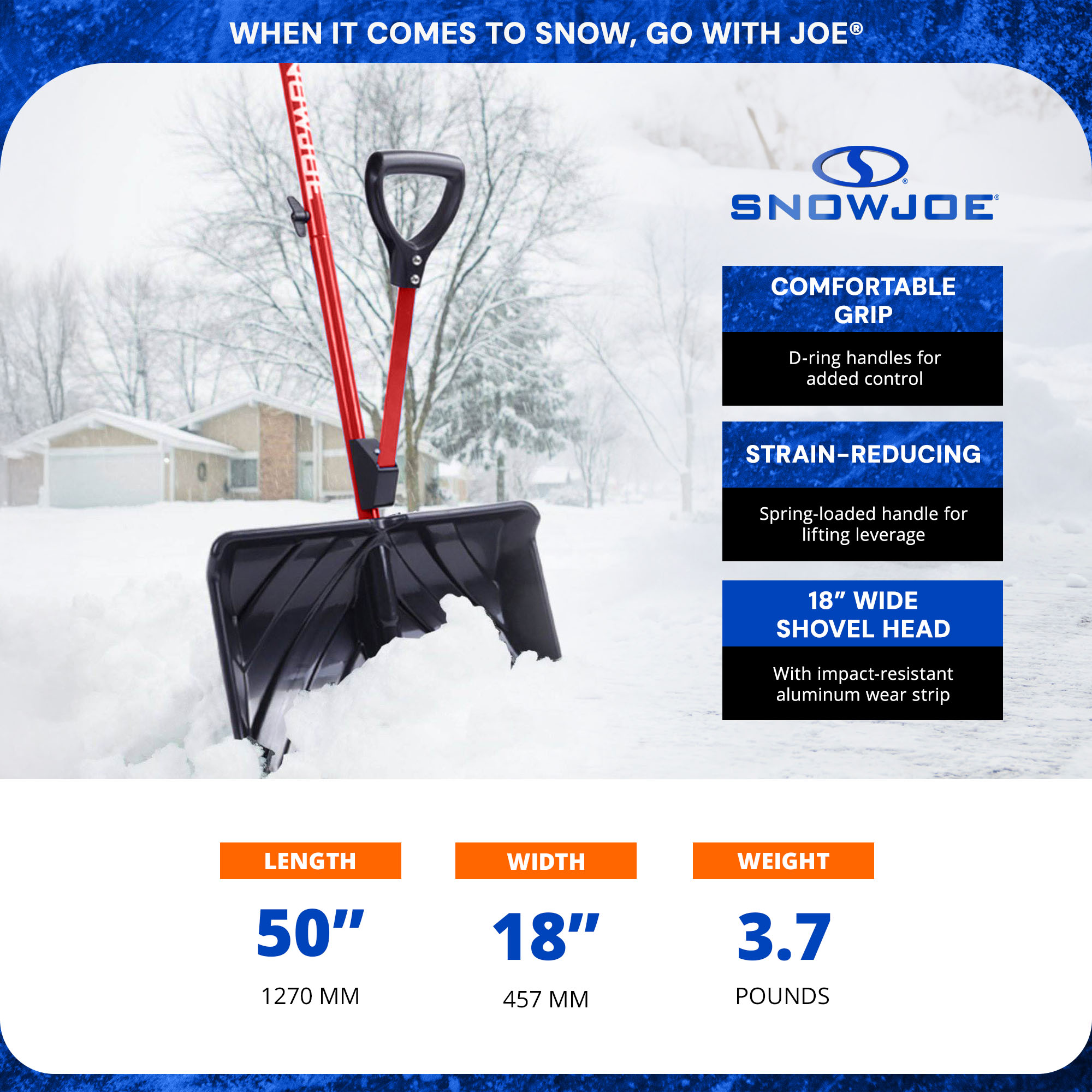 Snow Joe Shovelution Snow Shovel w/ 20” Shovel Blade and Assist Handle, Red, SJ-SHLV01-RED