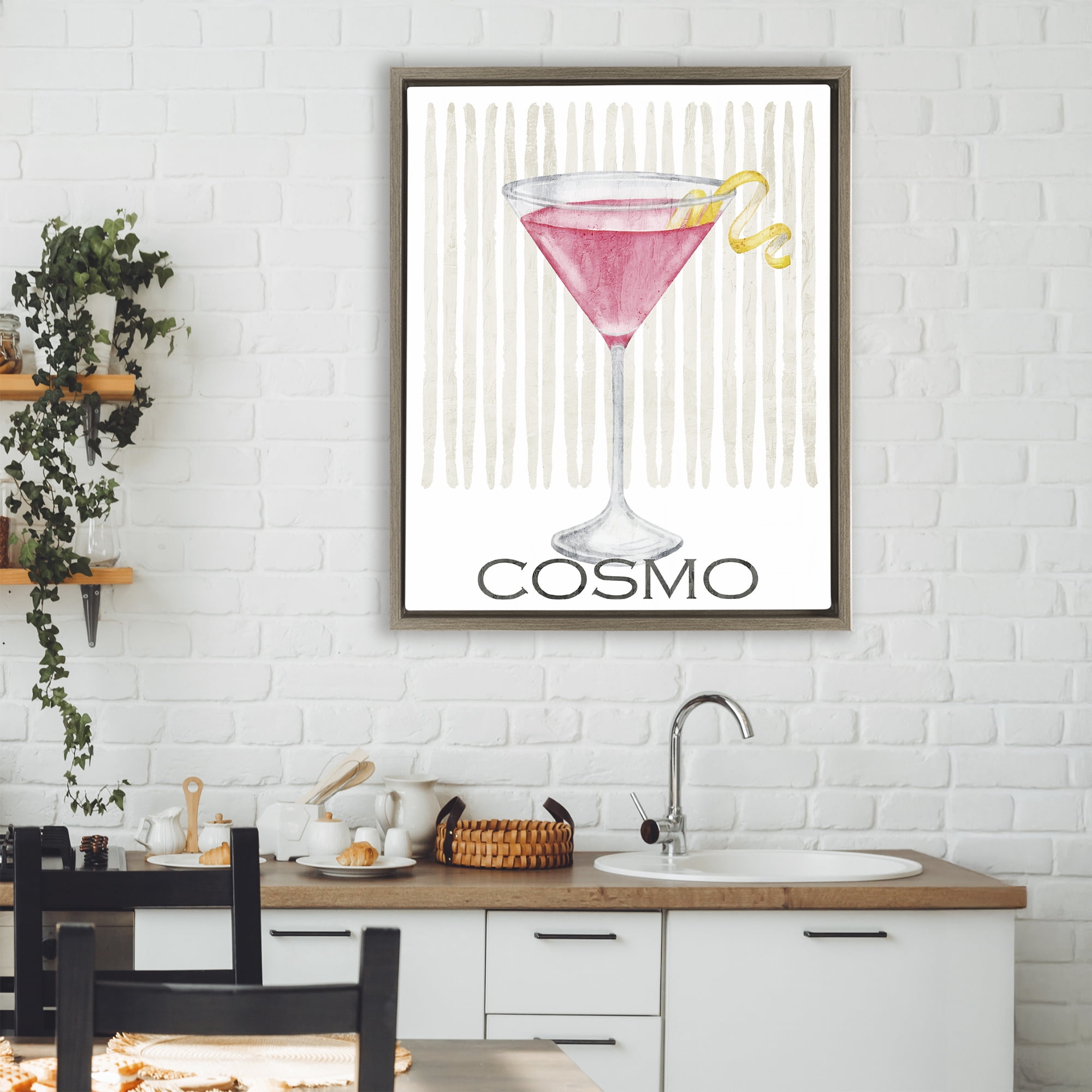 Stupell Industries Pink Cosmo on Stripes Brown Framed Floater Canvas Wall Art, design by Kim Allen