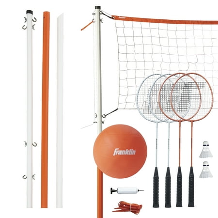 Franklin Sports Volleyball and Badminton Starter Set - Volleyball, Pump, Badminton Rackets, Birdies, Net, and Adjustable Polls - Beach or Backyard