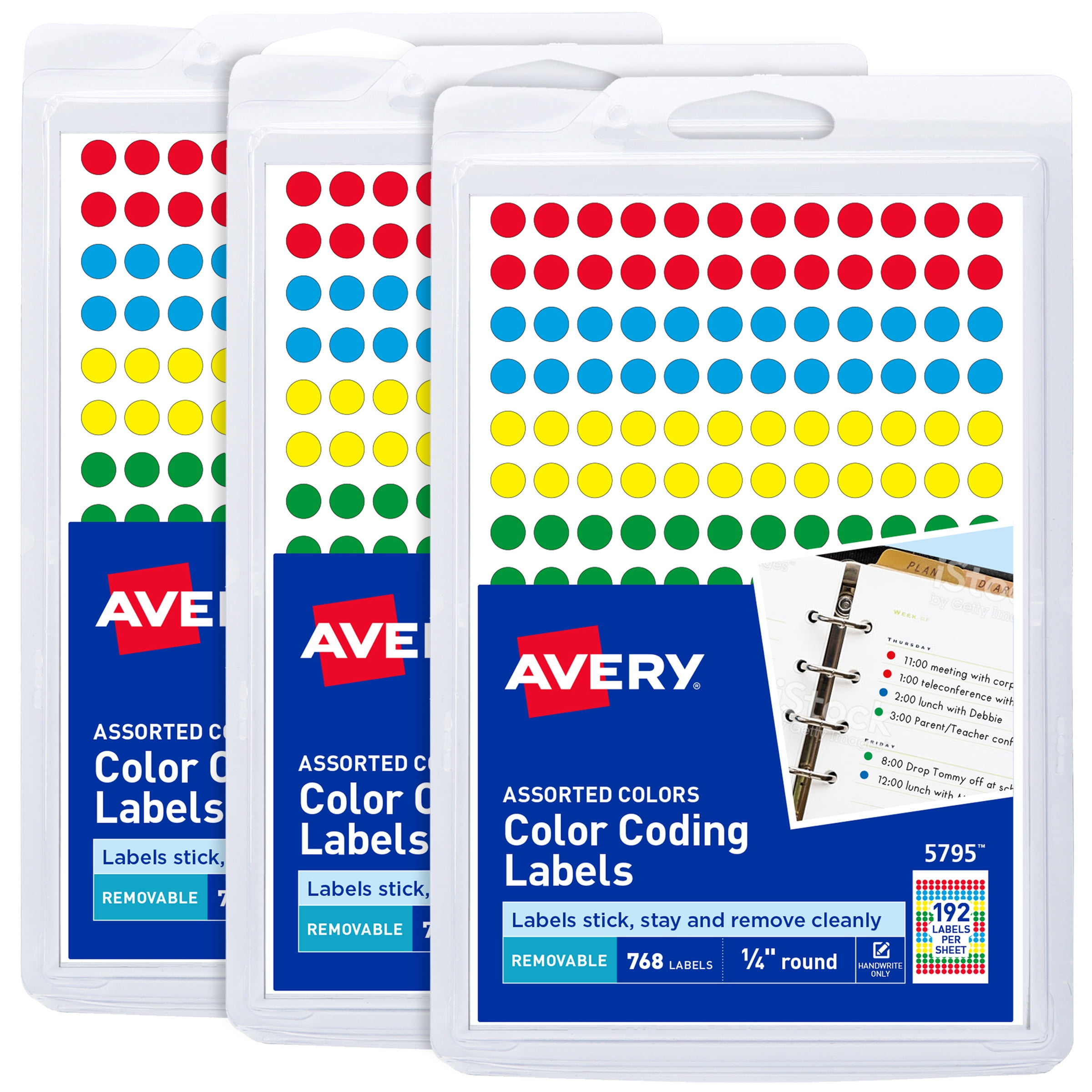 Avery Removable Round Color Coding Labels, 0.25' Diameter, Assorted Colors, 3 Pack, 2,304 Labels Total (5641)
