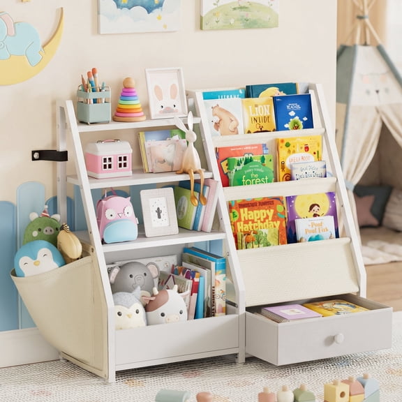Kids Bookshelf and Toy Storage, Book Shelf for Kids Rooms BECOKOME 4 Tier Toddler Bookshelf Baby Bookcase for Nursery Montessori Toy Organizer, White