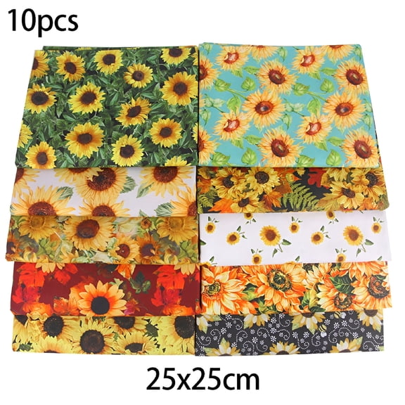 AUQ 10Pc Pure Cotton Sunflower Printed Fabric Handmade Patchwork Small Floral Fabric