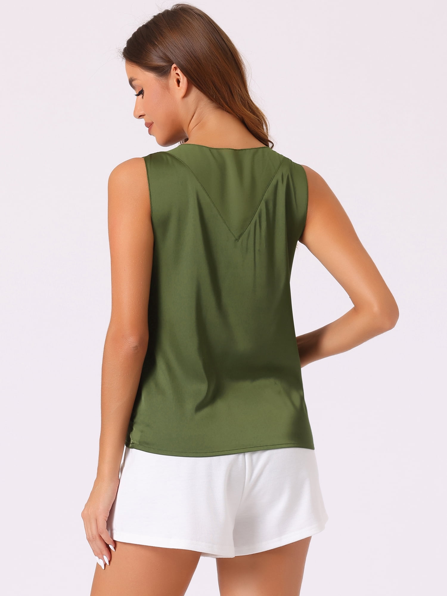 DARING DIVA Women's Silky Satin Mesh V Neck Sleeveless Blouses Tank Shirt S Green
