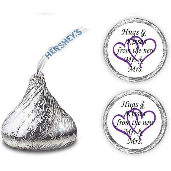 324 Hugs and Kisses from the new Mr. & Mrs. With Interlocking Hearts Wedding Stickers, Chocolate Drops Labels For Bridal Shower Engagement Party Decorations, Favors Decor For Kiss (Purple)