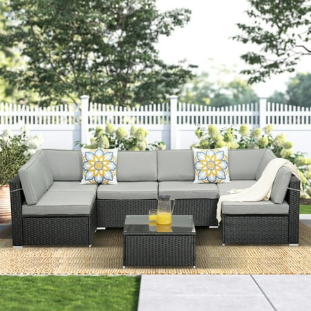Superjoe 7 Pcs Patio Wicker Sectional Sofa Set Outdoor Conversation Set Black Rattan with Gray Cushions