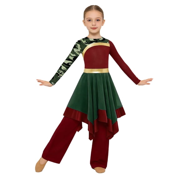 TiaoBug Kids Girls Praise Dance Outfit Camouflage Printed Worship Dance Dress with Wide Leg Pants Liturgical Dancewear Burgundy Army Green 16