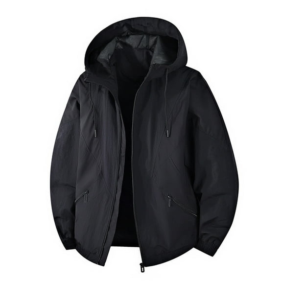 WTOBBY Men's Color-Block Hooded Work Jacket, Waterproof and Windproof Down Coat with Zippered Pockets for Outdoor Activities and Everyday Wear,Black L
