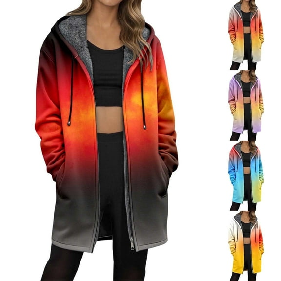 Shadoumai Womens Zip Up Hoodies Gradient Color Long Tunic Sweatshirts Oversized Long Sleeve Fleece 2025 Fall Winter Jacket Coat