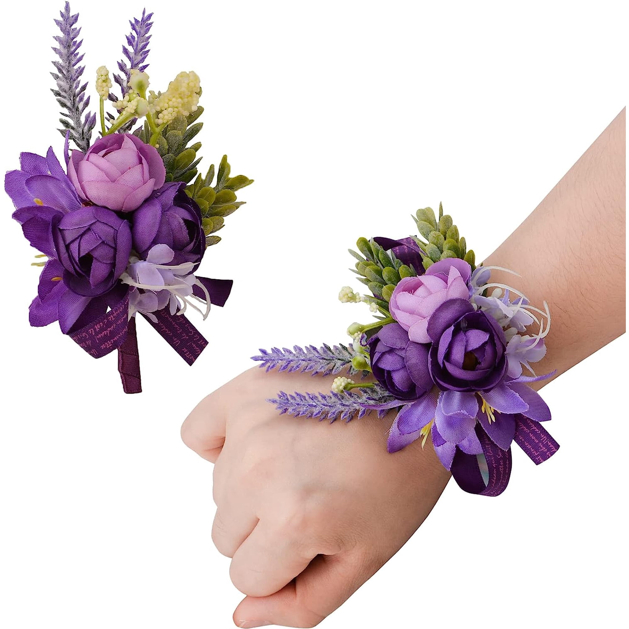 2Pcs Wrist Corsage and Boutonniere Set with Purple, Handmade Artificial Corsage Set Bride Hand Flower Men Boutonniere for Wedding Party Prom Decorations