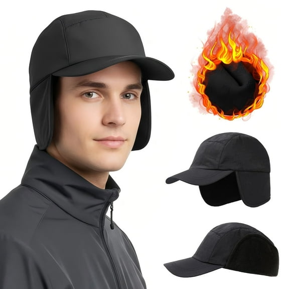 IC ICLOVER Waterproof Men's Winter Hats with Visor Warm Fleece Lined Baseball Cap Earflaps Trapper Hat for Men Women, Black