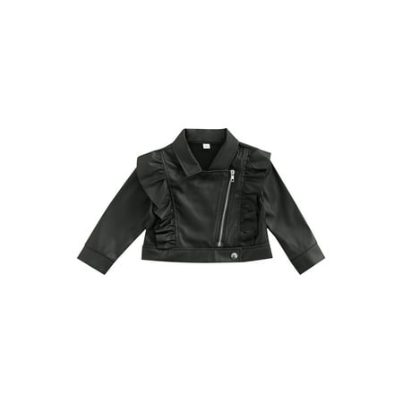 

Cathery Toddler Kids Girls PU Faux Leather Jacket Ruffle Long Sleeve Zipper Motorcycle Jackets Coat Fall Winter Outwear 2-7T