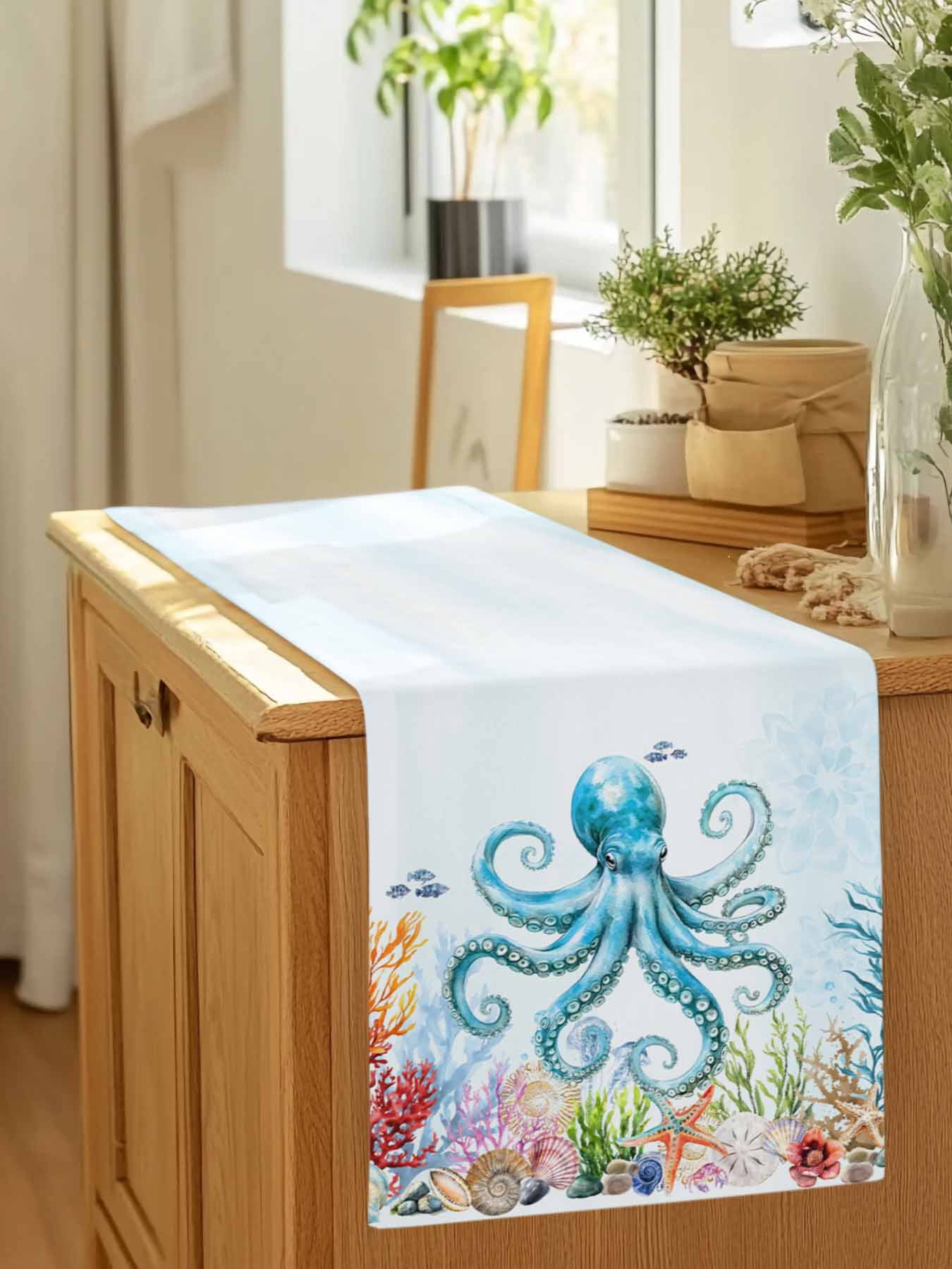 Octopus Ocean Coral Starfish Table Runner 90 Inches Long, Sea Monster Underwater World Table Runners Tabletop Scarf Kitchen Dining Tables Decoration for Home Party Indoor Outdoor