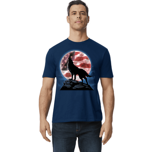 Decked Out Duds USA American Flag Wolf T-shirt Mens Short Sleeve Blue