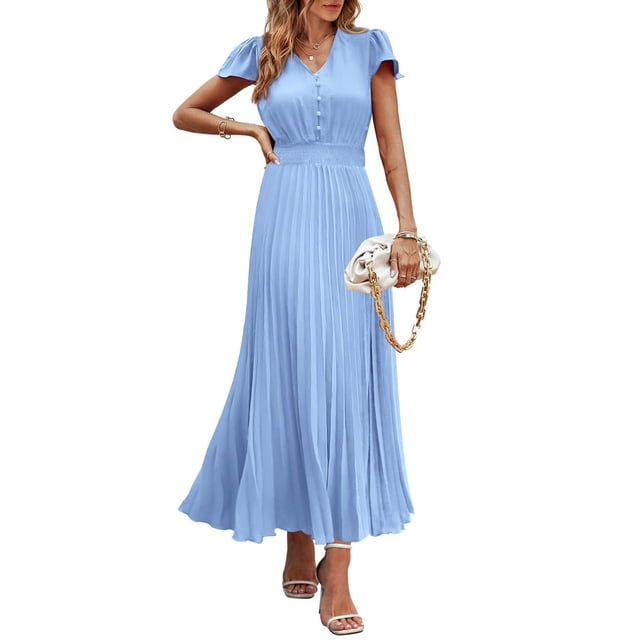 Vestido largo PRETTYGARDEN para mujer, cuello en V, cuello en V, volantes, azul claro