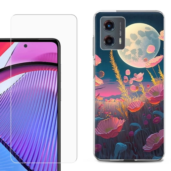 OneToughShield ® Compatible with Motorola Moto G 5G 2023, Shockproof Phone Case, with Tempered Glass Screen Protector - Moon Poppies