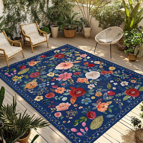 Navy Blue Flowers Outdoor Rug for Patio/Deck/Porch, Non-Slip Large Area Rug 4 x 6 Ft, Spring Vintage Floral Leaves Farmhouse Indoor Outdoor Rugs Washable Area Rugs, Camping Rug Carpet Runner