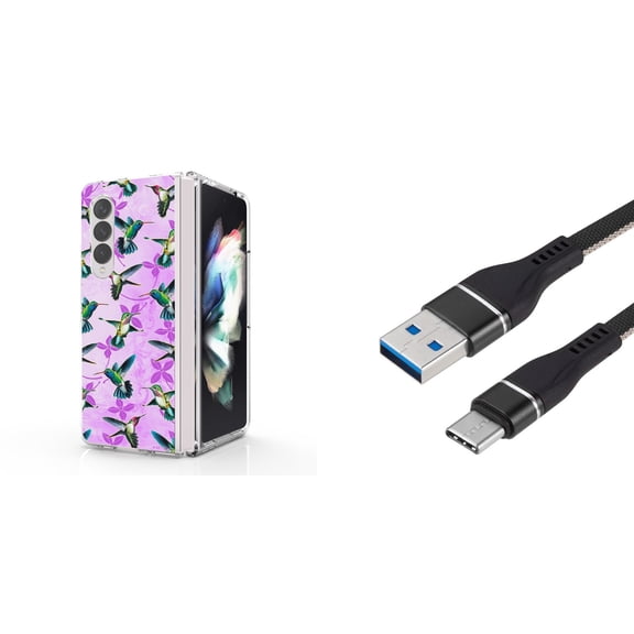 Accessory Bundle for Galaxy Z Fold 4: Slim Snap-On Case (Lavender Hummingbirds), Nylon Braided USB-C to USB-A Cable (3 Feet)