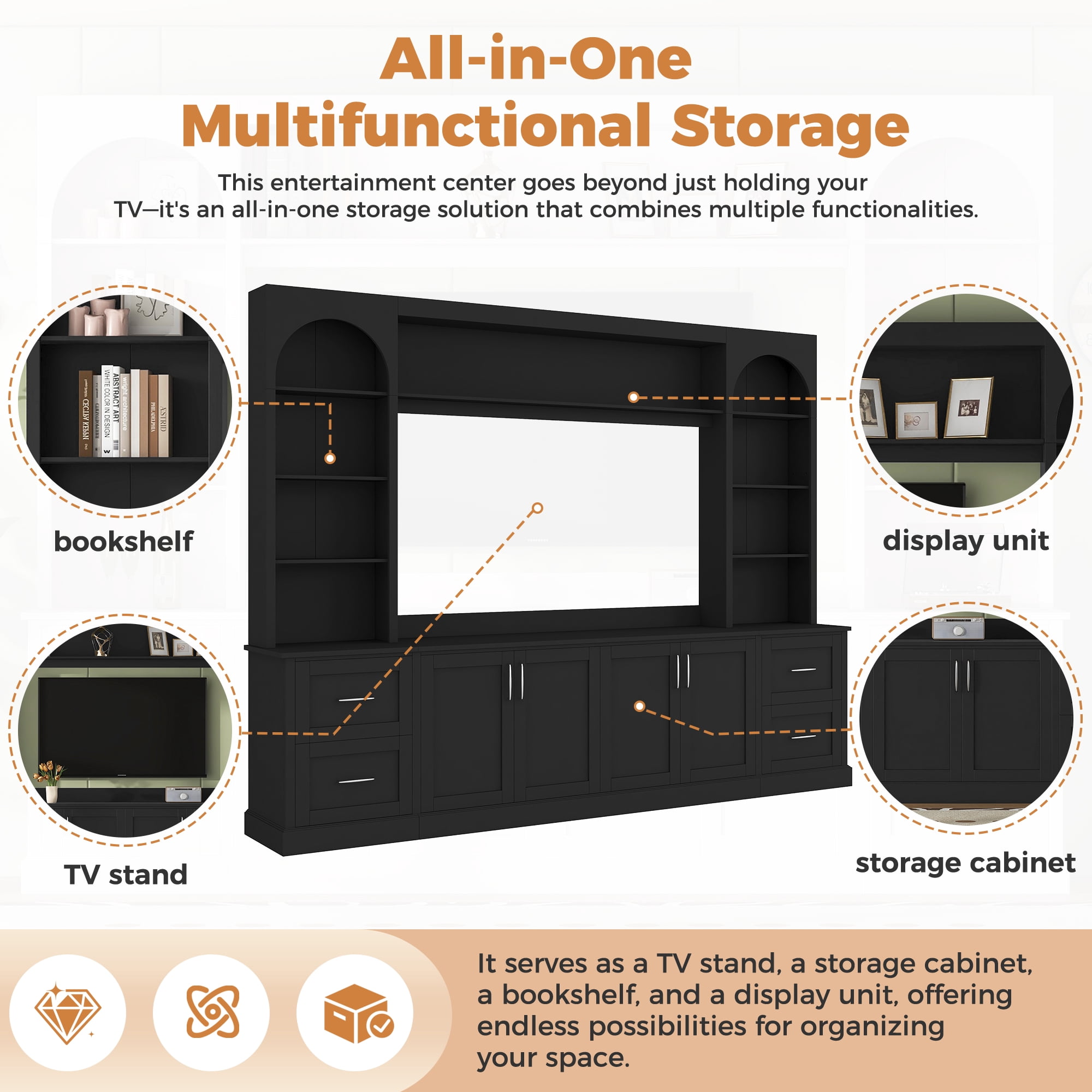 4 Piece Wall Unit TV Stand for TVs up to 65", Modern Entertainment Center with Bookshelf, Wine Cabinet, Display Storage, Multifunctional All-in-One TV Console Table for Living Room,Black