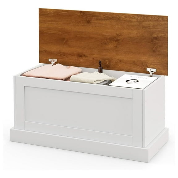 35.5” Storage Bench, Lift Top Storage Box with Metal Hinges, Entryway Storage Chest with Safety Hydraulic Strut, Large Farmhouse Storage Trunk for Living Room, Bedroom, White and Natural
