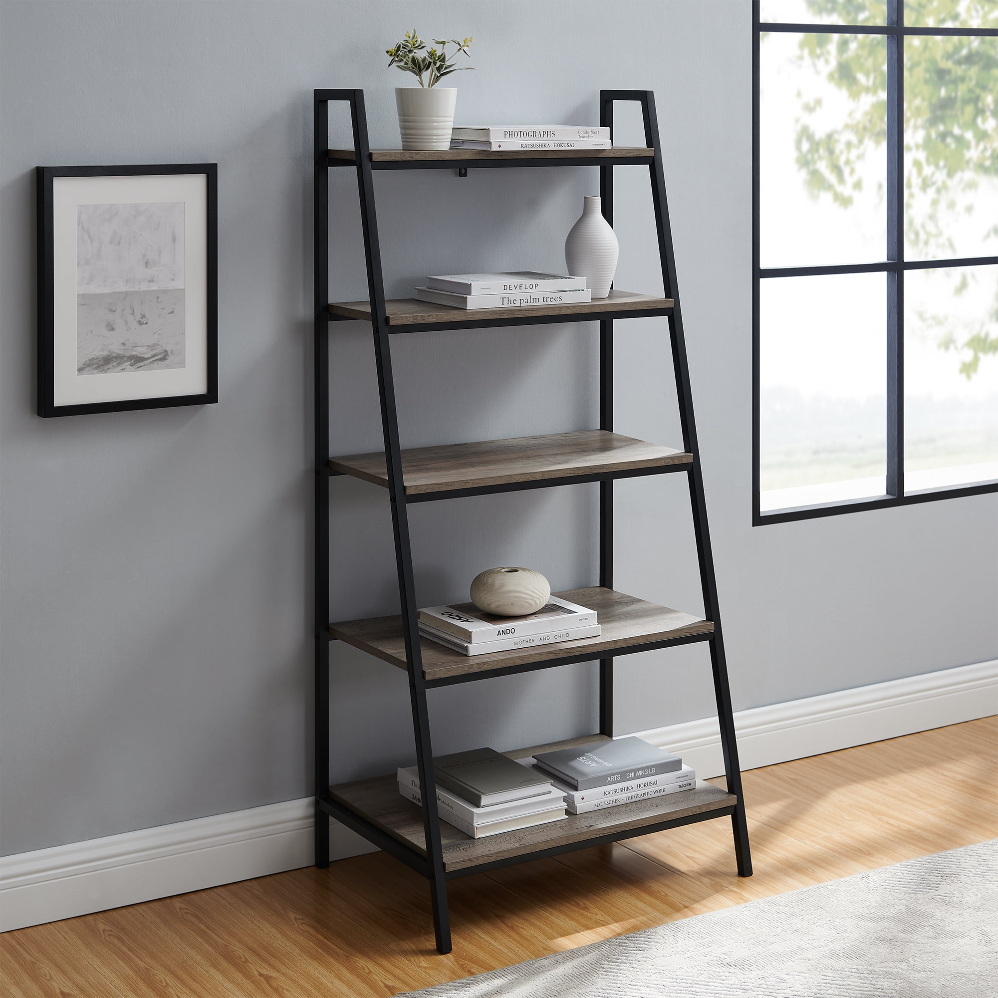 Manor Park Modern 5Shelf Ladder Bookcase, Grey Wash