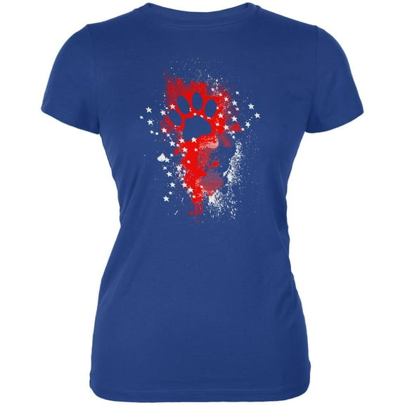 4th of July Kitty Cat Paw Print Stars and Splatters Juniors Soft T Shirt Royal SM
