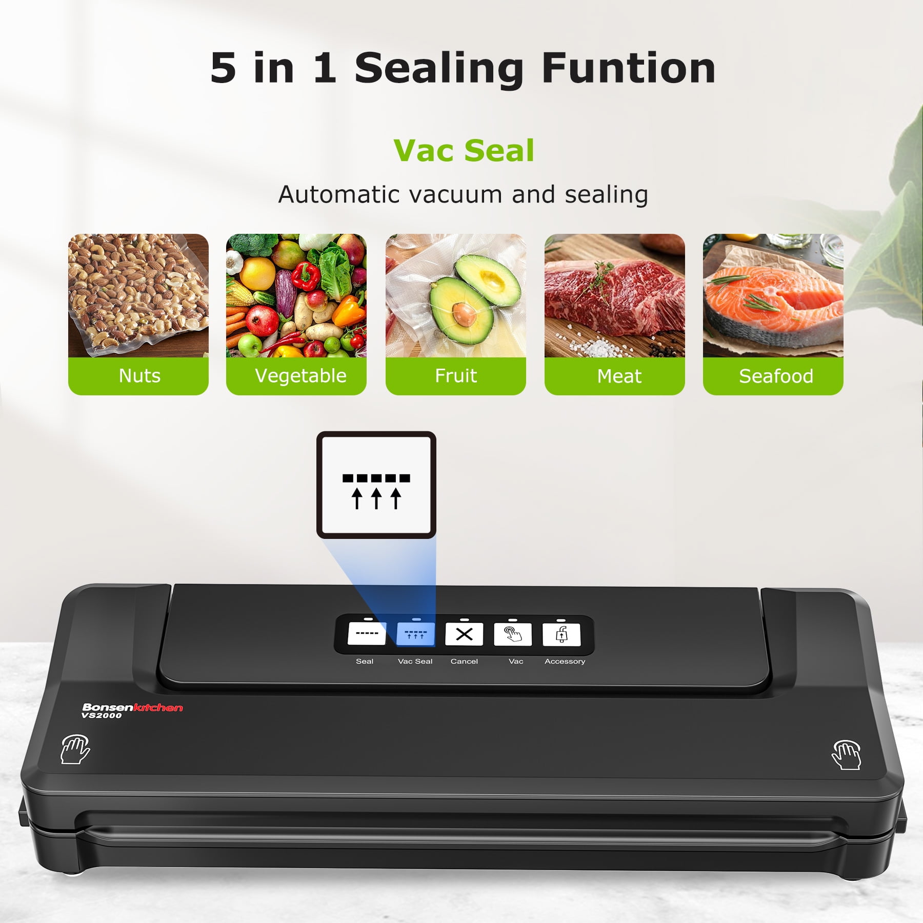 Bonsenkitchen Food Vacuum Sealer Machines, Food Saver Vacuum Packing Machines with 5 bags, Black