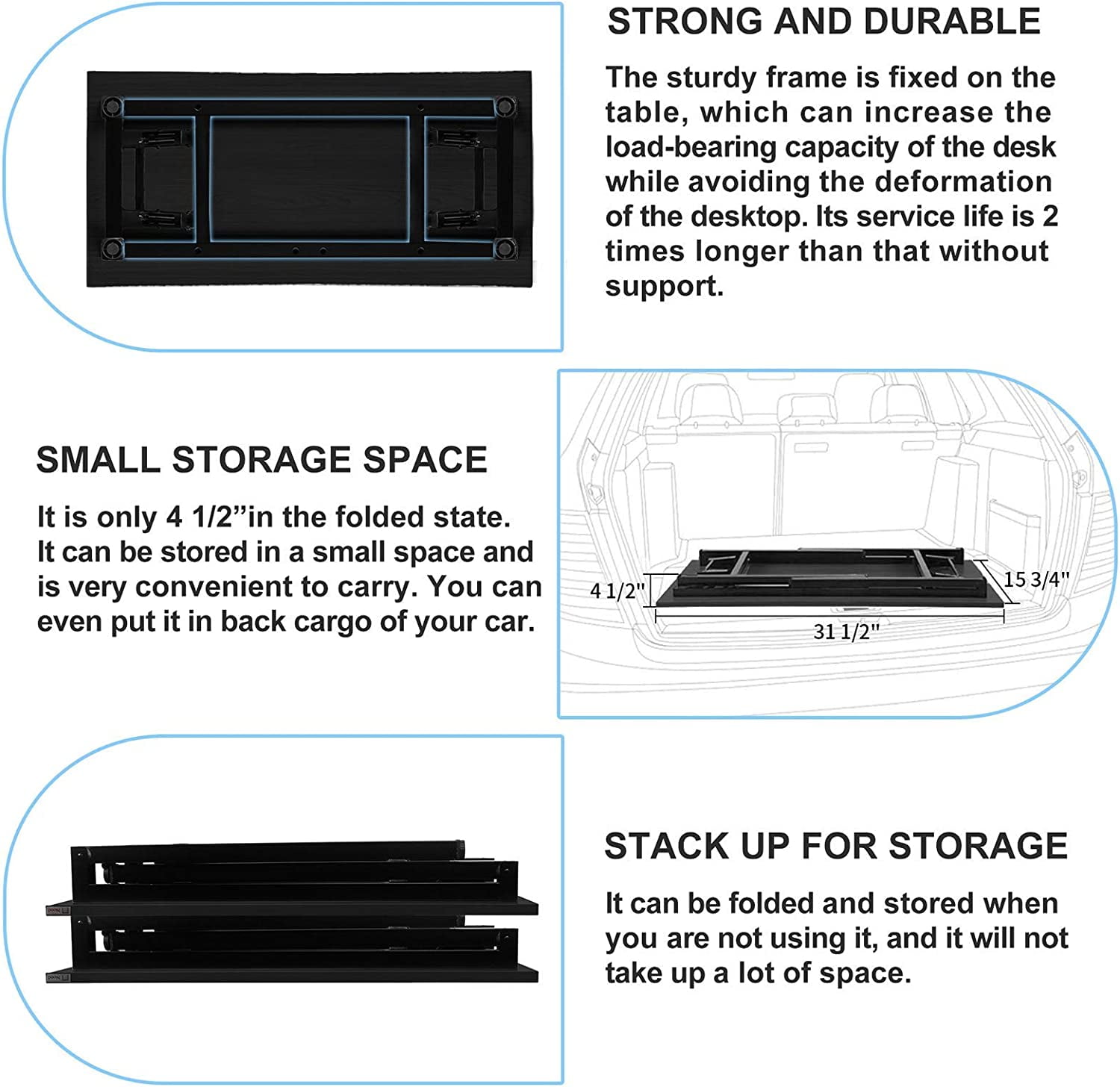 SOGES 31.5 inches Folding Desk No Assembly Sturdy Small Writing Desk for Small Spaces, Black