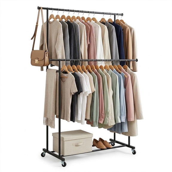 ACTDAYS Clothes Rack with Double Hanging Rod, Rolling Garment Rack with 360° Wheels for Bedroom Closet Storage, Bathroom, Laundry, Black