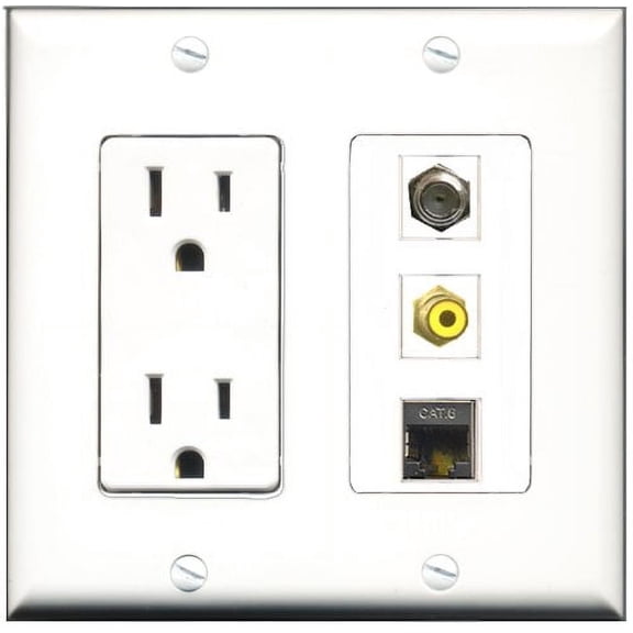 RiteAV - 15 Amp Power Outlet 1 Port RCA Yellow 1 Port Coax 1 Port Shielded Cat6 Ethernet Ethernet Decorative Wall Plate